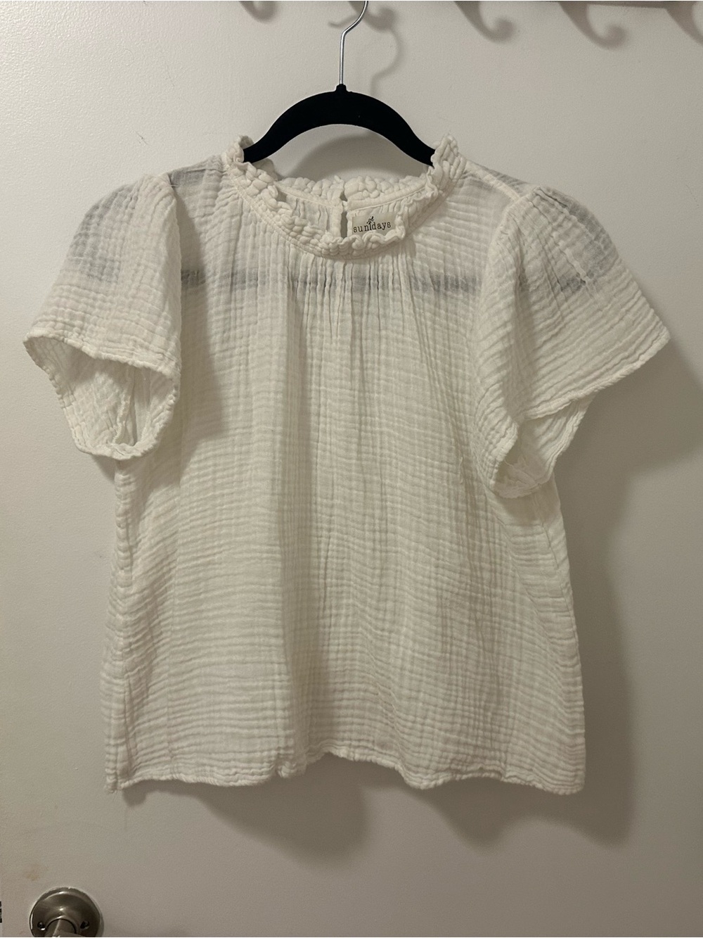 sundays Ivory Ruffle-Neck Gauze Short Sleeve Blouse